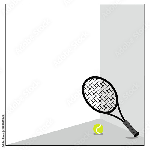 A tennis racket and ball positioned in a corner, suggesting a moment of pause in play.
