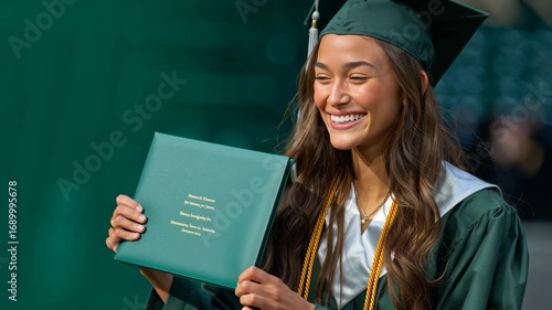 Smiling young woman green graduation cap and gown holding diploma, celebrating academic achievement and education success outdoors, student enjoying joyful achievement and academic honor cords during