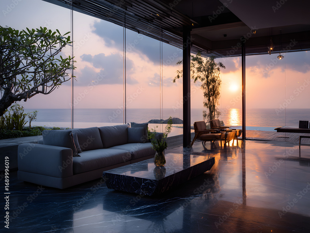 Fototapeta premium Living Room with Ocean View Sunset