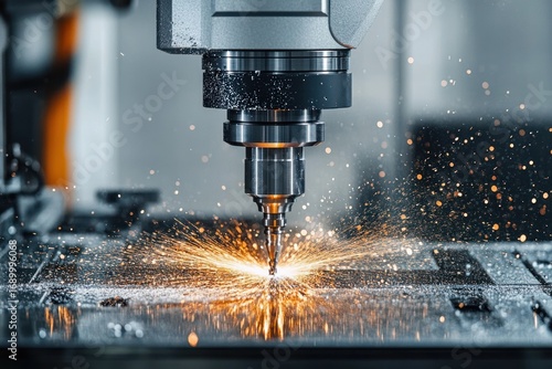 Close-up of a CNC milling machine cutting metal with sparks flying intensely, showcasing industrial precision and dynamic energy