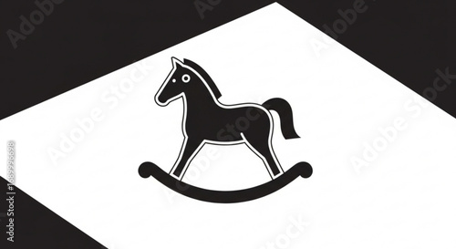 A black and white illustration of a rocking horse toy, a classic symbol of childhood, , evoking nostalgia and playfulness