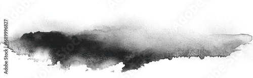 Abstract horizontal black and gray watercolor splash with textured edges on white background