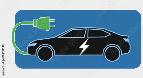 Electric car line icon on blue background depicting ecofriendly transportation, sustainable mobility, and green technology
