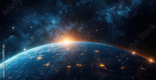 Fototapeta Naklejka Na Ścianę i Meble -  View of Earth from space with city lights glowing on the dark surface and the sun rising beyond the horizon against a backdrop of stars and nebulae