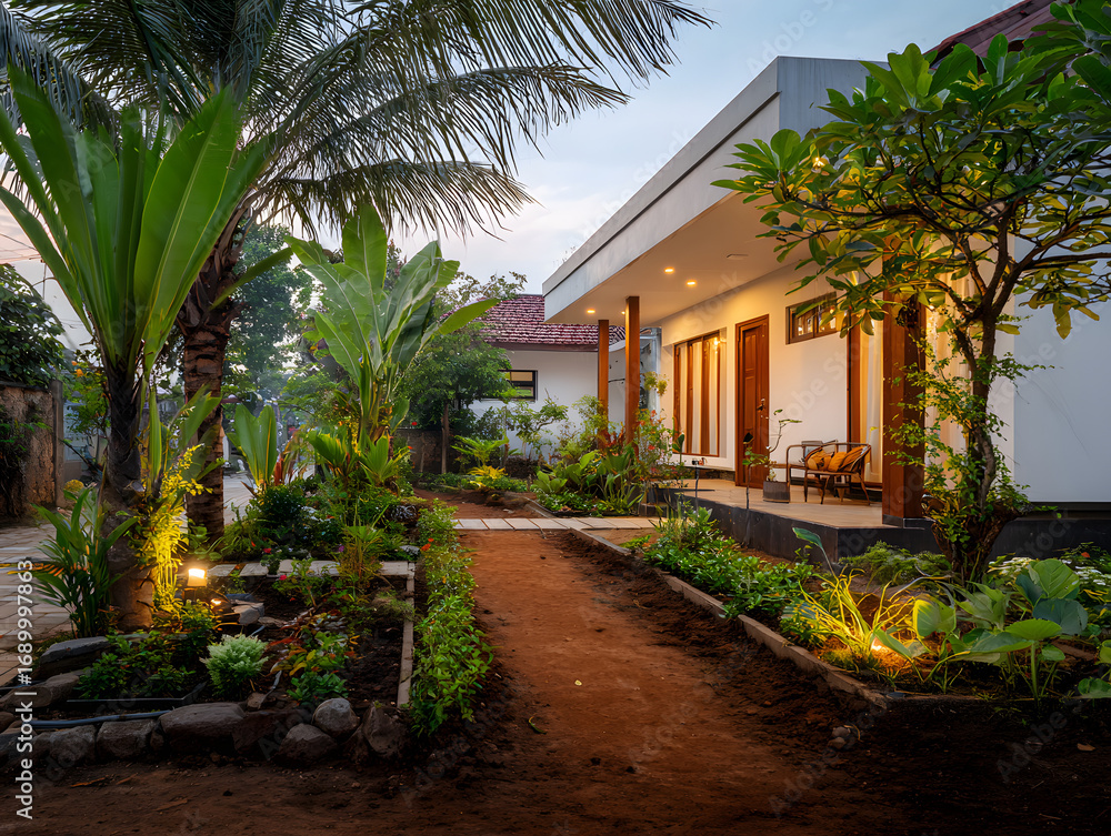 Fototapeta premium House with Lush Tropical Garden and Pathway