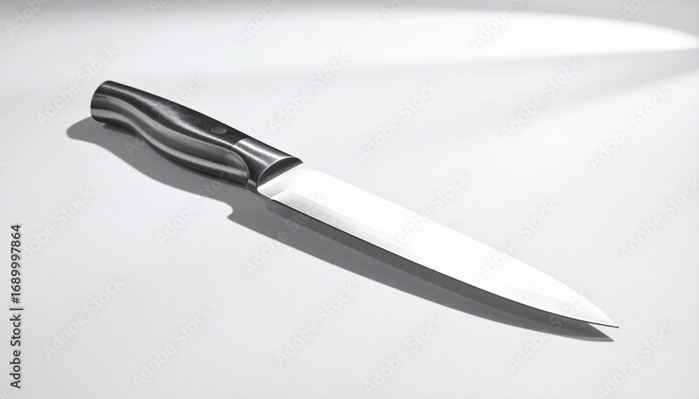 Obraz premium A sharp stainless steel knife on a white surface, photographed with a dramatic side angle and strong shadows.