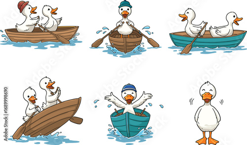 Cartoon ducks in boats, rowing, paddling, splashing water, wearing hats, cute animal characters, funny waterfowl scenes, playful wildlife, adorable bird illustration, vector art