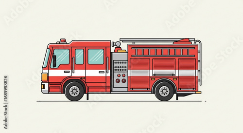 Illustration of a red fire truck on a, showcasing emergency response, firefighting equipment, and community safety services