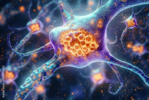 Detailed 3D rendered image of nerve cells with glowing amyloid plaques indicating neural activity or neurodegeneration