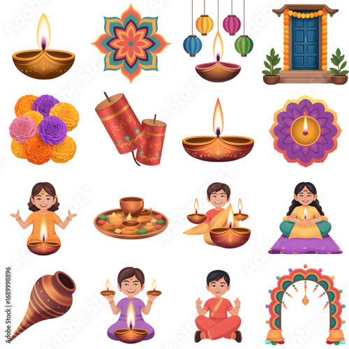 Collection of traditional indian diwali festival elements including diyas oil lamps rangoli decorations and children celebrating the festival of lights isolated on transparent background