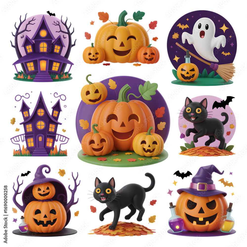 Fototapeta premium Collection of cute cartoon halloween illustrations featuring pumpkins ghosts haunted houses and black cats isolated on transparent background