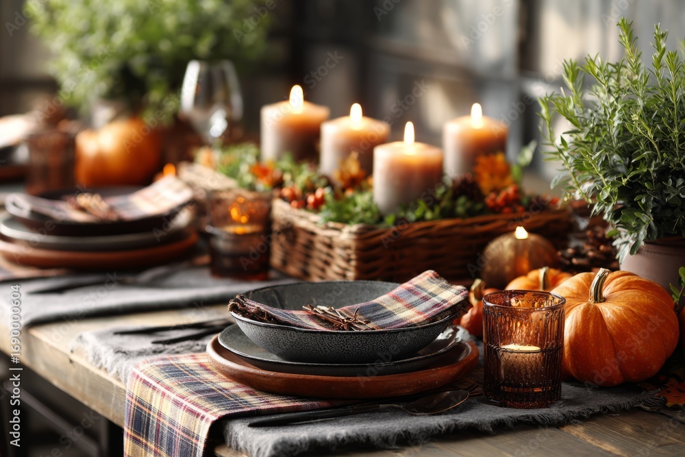 Naklejka premium Cozy autumn table setting with pumpkins, candles, and rustic plaid napkins. Thanksgiving dinner table with fall-themed centerpiece, candles, pumpkins. Concept of cozy seasonal celebration