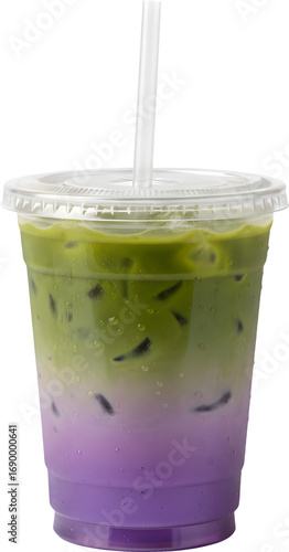 Iced Lavender Matcha Latte in a To-Go Cup with a Flat Lid on Transparent Background


