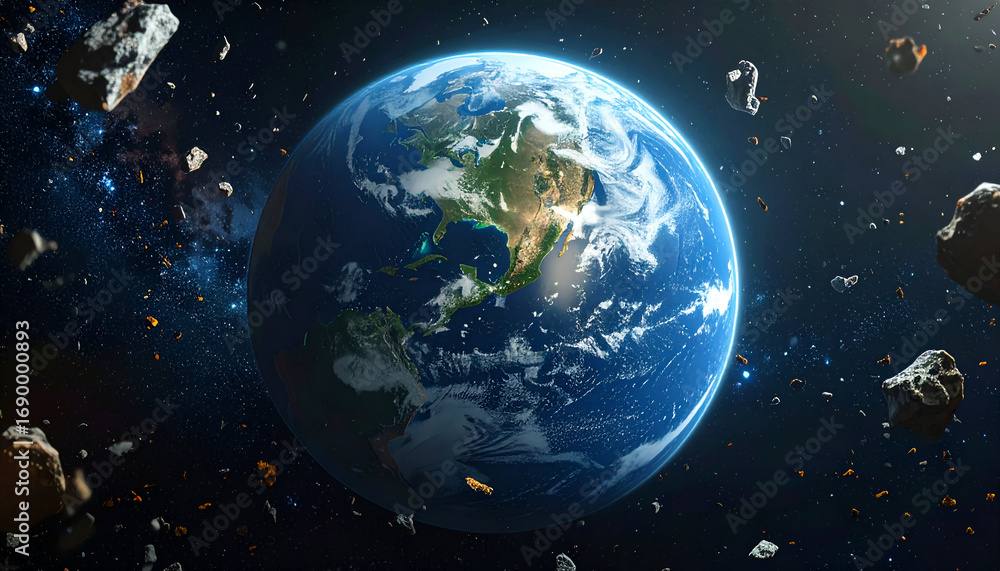 Obraz premium Stunning digital illustration of Earth surrounded by asteroids space, showcasing beauty of our