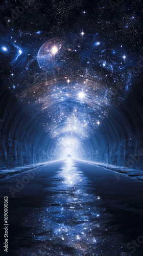 Wallpaper Mural Surreal starry tunnel with solar system at one end and distant constellations at the other, glowing with cosmic energy.
 Torontodigital.ca