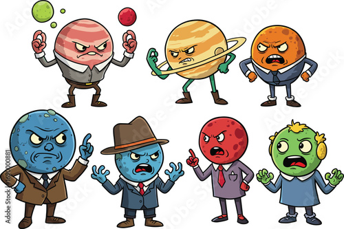 Angry cartoon planets in business suits arguing, funny solar system characters illustration, outer space conflict, vector comic planetary art