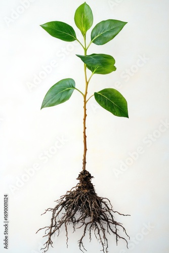 Young green plant with healthy leaves and exposed intricate root system against white background