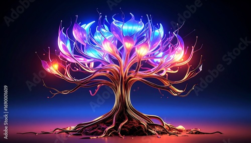 Glowing Tree with Colorful Leaves on Dark Background