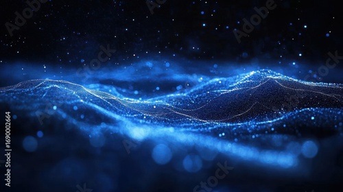 Abstract digital landscape of glowing blue particles forming wave-like structures against a dark background evoking a futuristic and serene atmosphere