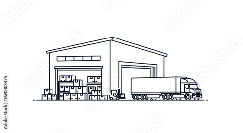 Black and White Warehouse with Truck and Boxes Illustration.