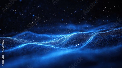 Abstract glowing blue waves with scattered light particles creating a dynamic and ethereal digital landscape under a dark starry background