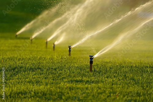 Automatic lawn irrigation system watering green grass in backyard garden on sunny day. Sprinkler spraying fresh water on residential landscape, agriculture field, golf turf, and outdoor vegetation.