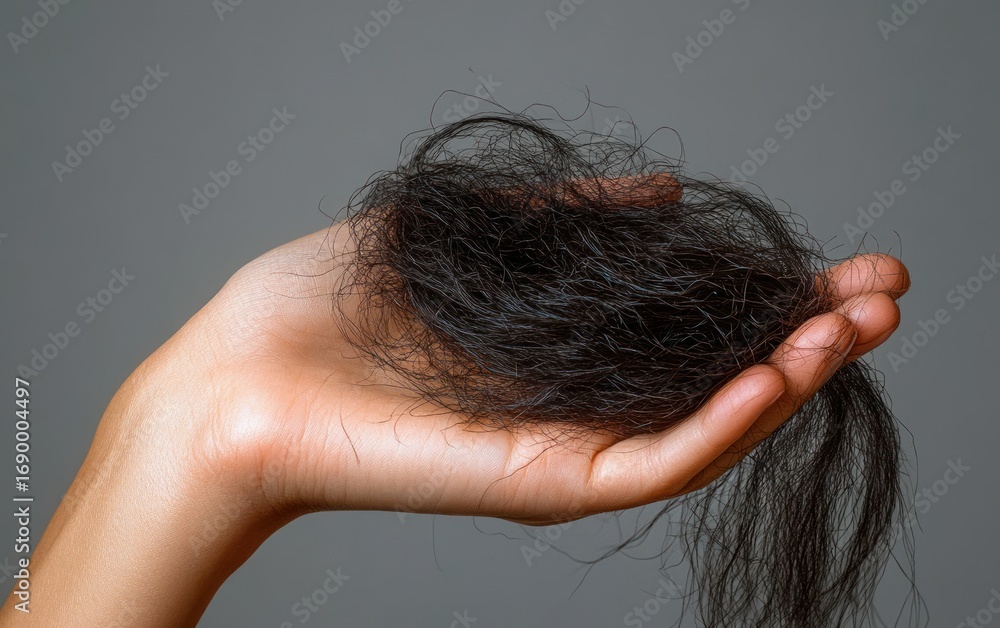 Fototapeta premium Close-up of a hand holding a large tuft of dark hair against a neutral background
