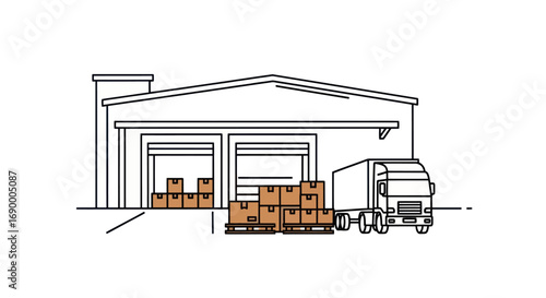 Line art illustration of a logistics warehouse with a delivery truck and cardboard boxes at a loading dock.
