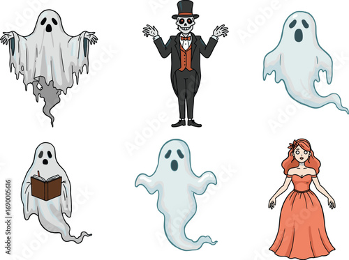 Cartoon ghosts, skeleton in formal attire, and woman in orange dress Halloween spooky characters illustration set