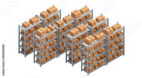 Isometric View of Cardboard Boxes on Warehouse Shelves.