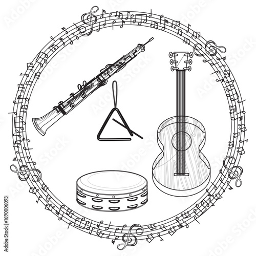 Black and white illustration of musical instruments inside a circular musical note fram