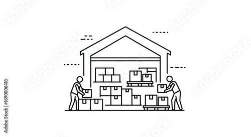 Warehouse with Workers Moving Boxes, Line Art Illustration.