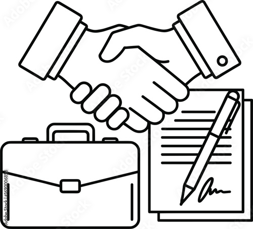Business Handshake Icon with Briefcase and Contract Elements