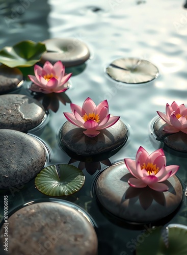an image of a group of water lillies floating on top of a pond, there is a group of water lillies floating on top of rocks