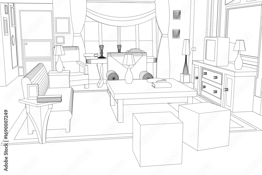 Fototapeta premium A black and white contour drawing of a cozy apartment living room with sofa, tables, lamps, television, and wall frames arranged for an inviting atmosphere.