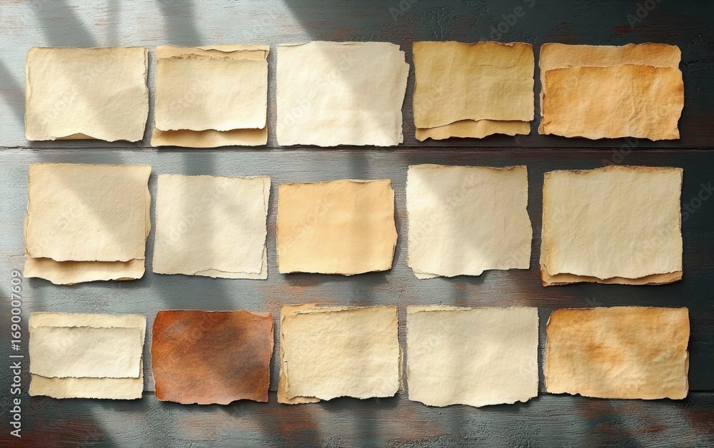 Fototapeta premium Collection of aged, blank, torn paper sheets arranged in rows on a dark wooden surface with soft natural light and shadows creating a warm nostalgic feel