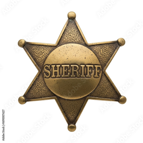 Authentic, antique six-pointed sheriff's badge, aged tarnished brass, weathered texture, 