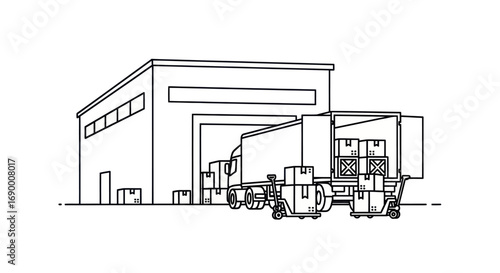 Warehouse loading dock with trucks and boxes, industrial logistics illustration.