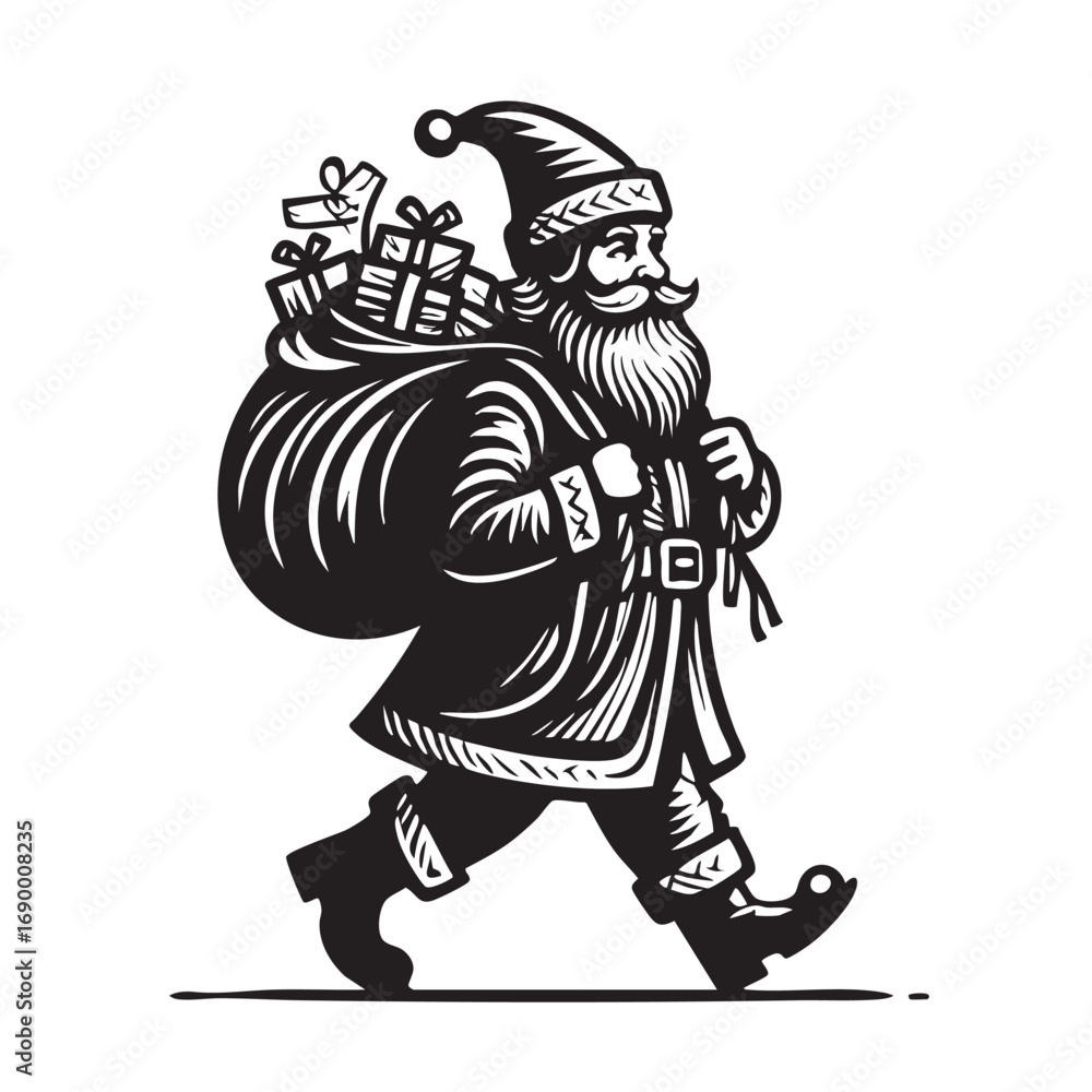 Fototapeta premium Walking Santa Claus Silhouette with Gift Sack Vector Illustration