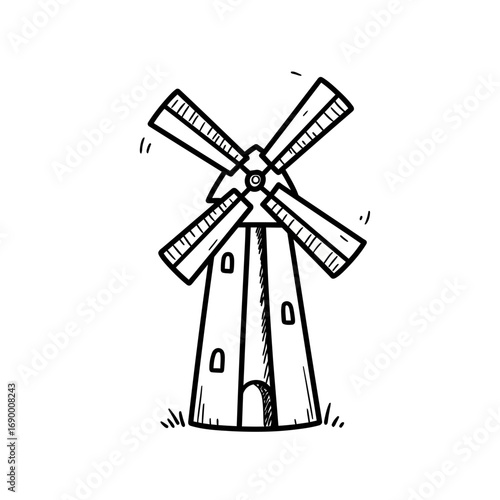 Hand-drawn illustration of a classic windmill, showcasing its structure and blades against a white background.
