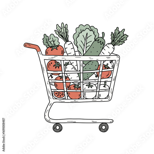 A shopping cart overflowing with fresh, colorful vegetables, ready for purchase.