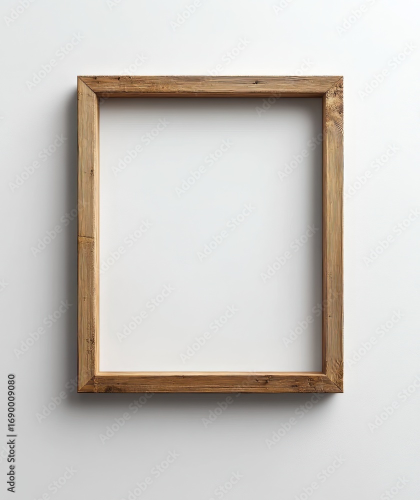 Obraz premium empty wooden picture frame with natural texture hanging on a white wall casting soft shadow suggesting simplicity and potential
