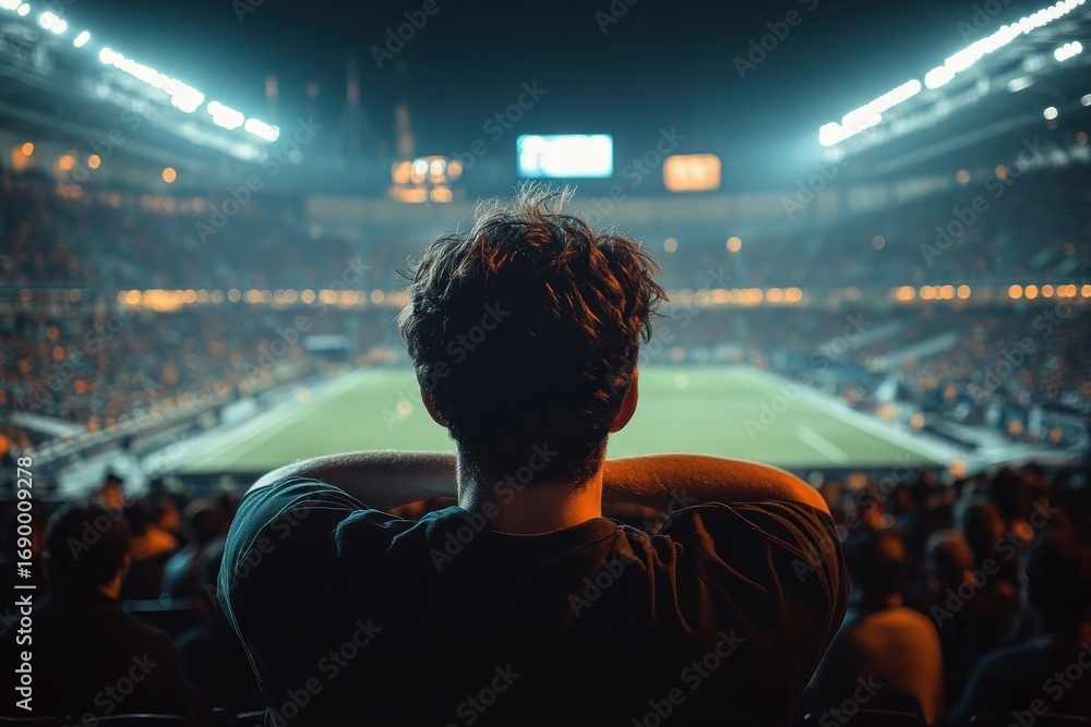 Fototapeta premium A person watching a brightly lit sports stadium during an event with a large crowd, evoking anticipation and focus