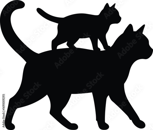 Black Silhouette Of Two Cats One On Top Of The Other On White kitten animal