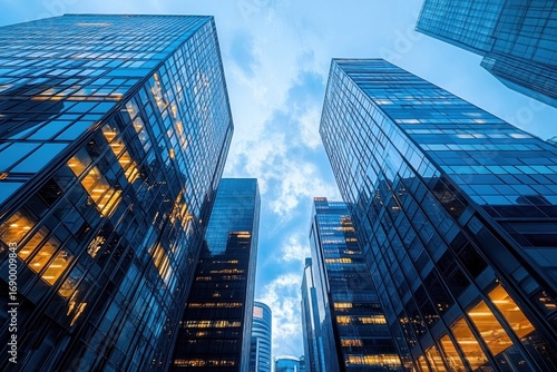 Wallpaper Mural Looking up at tall modern glass office buildings under a blue sky with some clouds during early evening with interior lights glowing warmly Torontodigital.ca