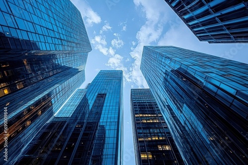 Wallpaper Mural View looking up at tall modern glass skyscrapers under a blue sky with scattered clouds during daylight Torontodigital.ca