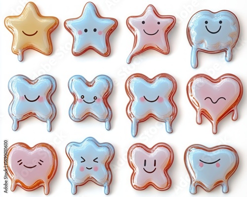 Collection of shiny, colorful star and heart shaped gummies with various happy and playful facial expressions on white background