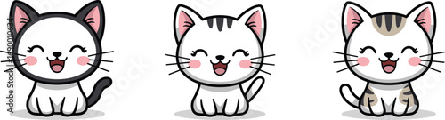 Three cute cartoon kittens with happy expressions and different fur patterns vector illustration