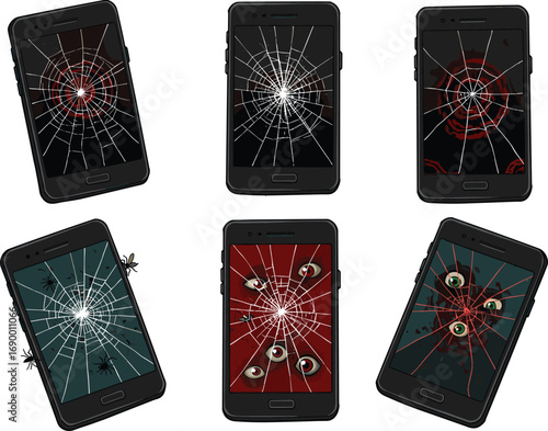 Cracked smartphone screens with horror elements, spider webs, creepy eyes, broken glass, spooky designs, Halloween themed broken phone illustration