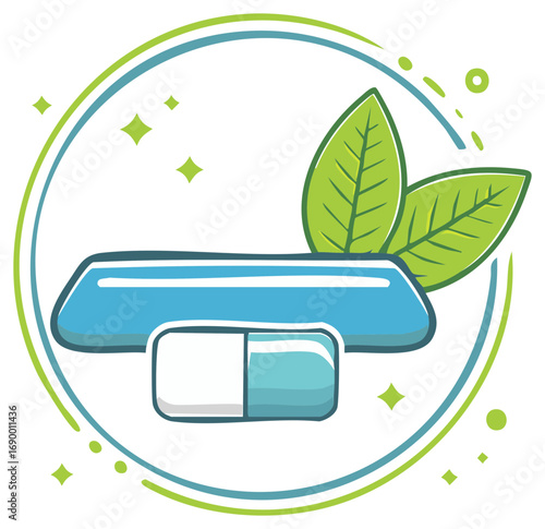 Organic Supplement Pill and Blister Pack with Green Leaves Icon